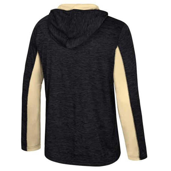 Back of Black quarter-zip hooded pullover with CU Buffaloes logo on chest and contrasting gold panels on sides and underarms.